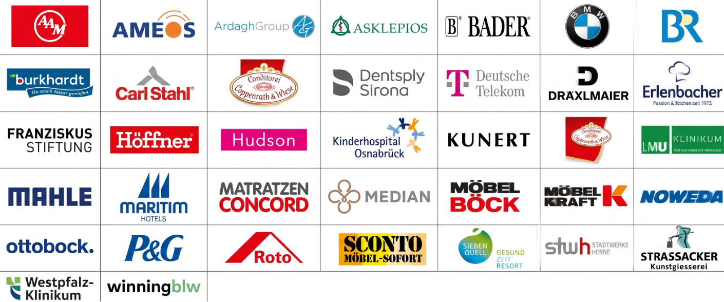Logos von Unternehmen aus über 25 Branchen, in deren Kesselanlagen die Intensatec Hochtemperatur-Keramik arbeitet